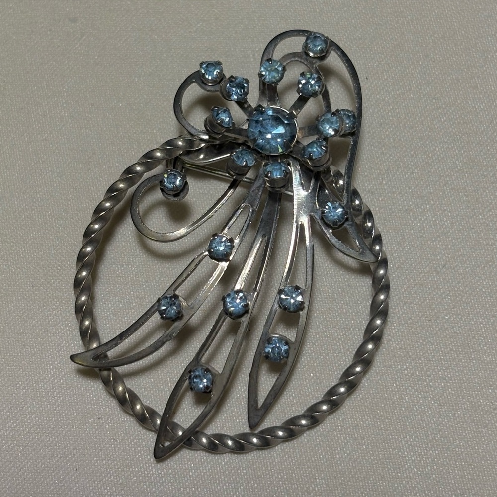 Vtg Fancy Silver Light Blue Rhinestone Brooch